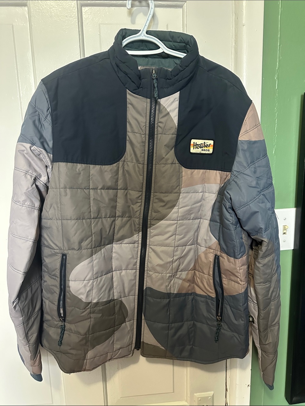 Howler Brothers Quilted Camouflage Puffer Jacket in Gray and Tan